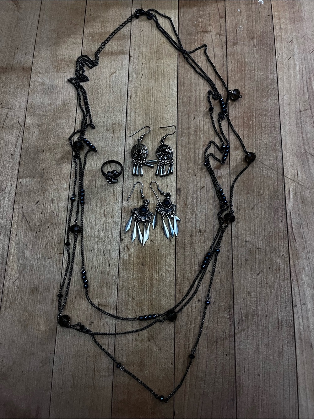 Black Boho Layered Necklace, 2 Pairs of Earring and Ring